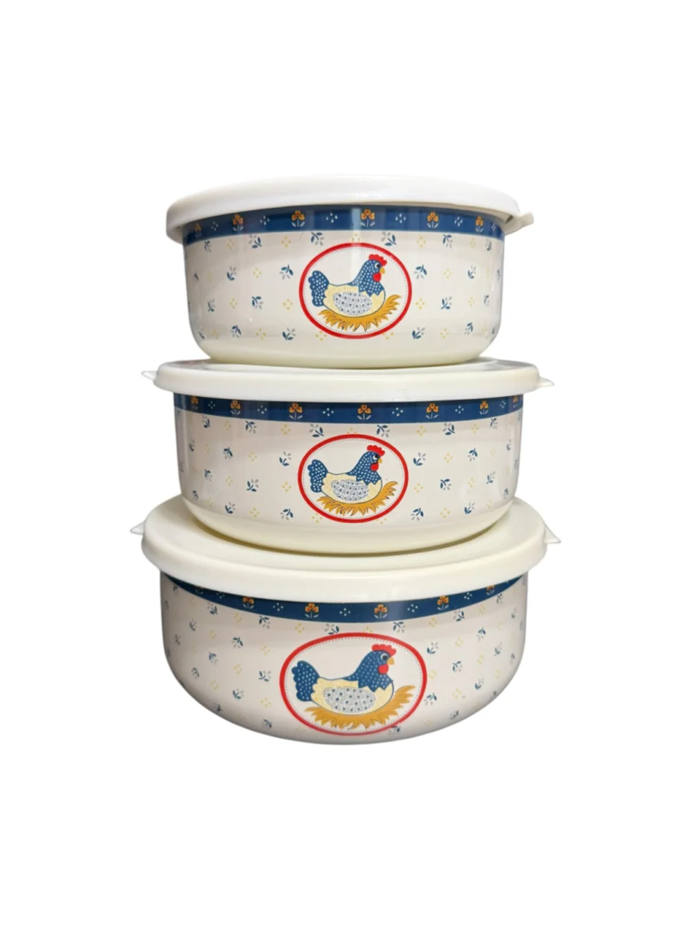 Vintage Metal Nesting Bowls w Lids Chicken Hen Country Kitchen Set of 3
